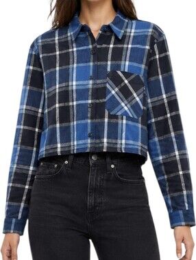 Aritzia TNA Plaid Flannel Shirt XS Black Blue Cropped 90s